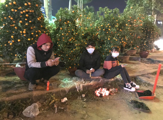 Trắng đêm ngồi co ro đốt củi sưởi ấm để canh đào, quất, hoa Tết